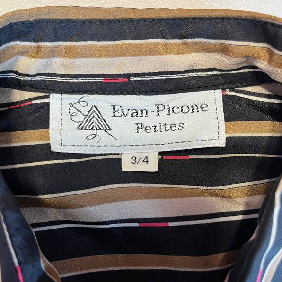 Evan Picone Tan Black Striped Silk Long Sleeve Button Down Top Blouse 3/4 XS - Picture 6 of 9